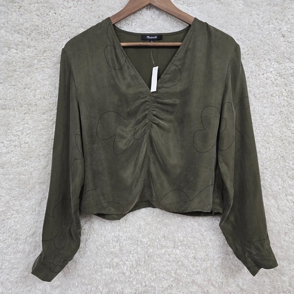 Madewell Brushed Ruched Front Top Womens 4 Green Long Sleeve Cupro V-Neck Earthy - Picture 1 of 12